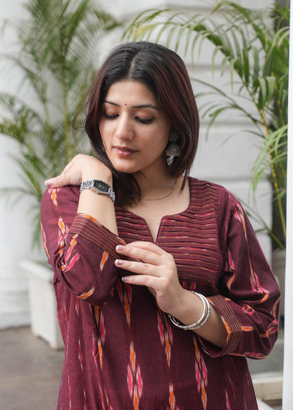 Maroon Handloom Ikat Princess Cut Kurta with Dual Print Design & Side Pockets