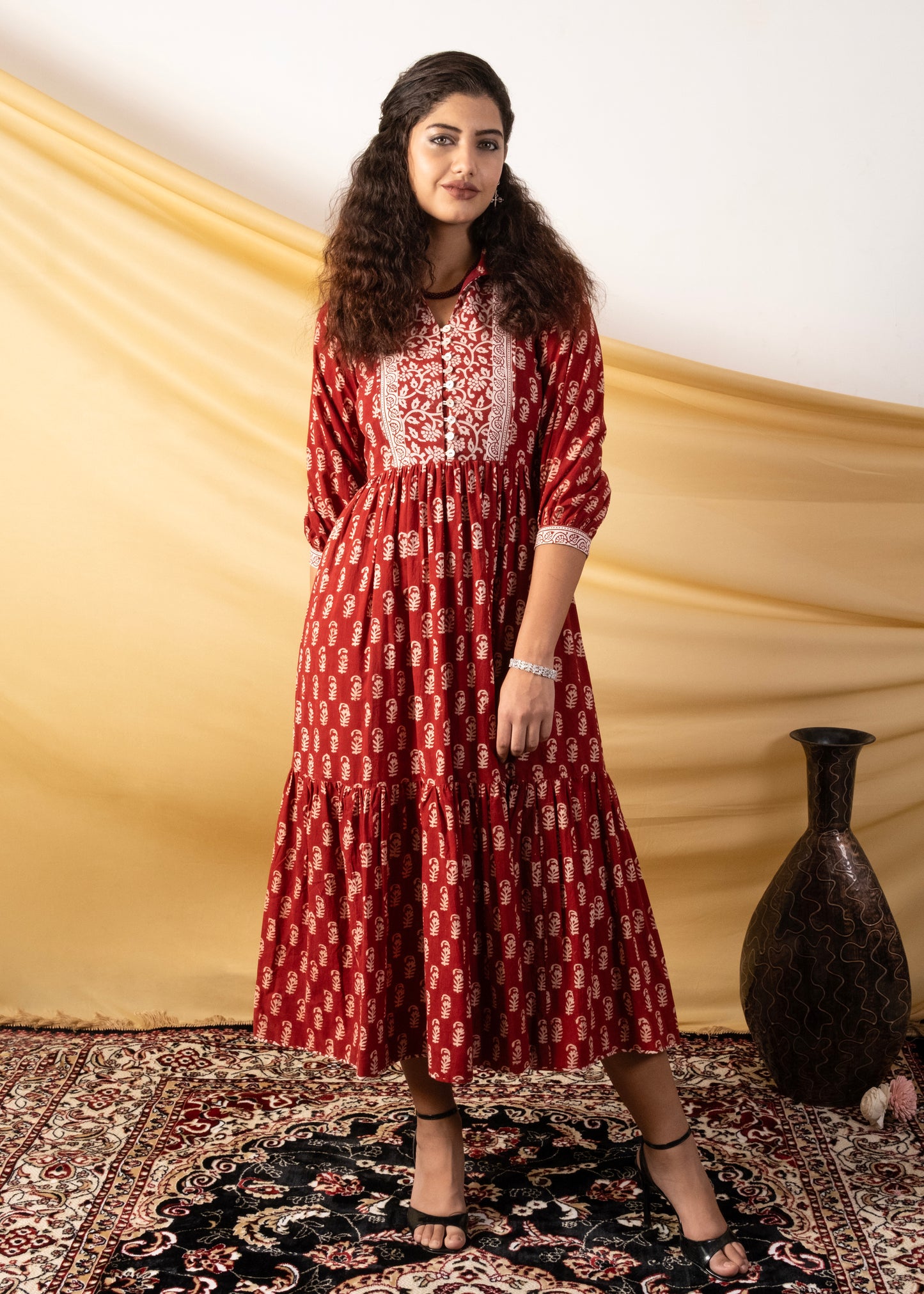 Gulbagh, rust-coloured layer dress made entirely of cotton Bagh print fabric