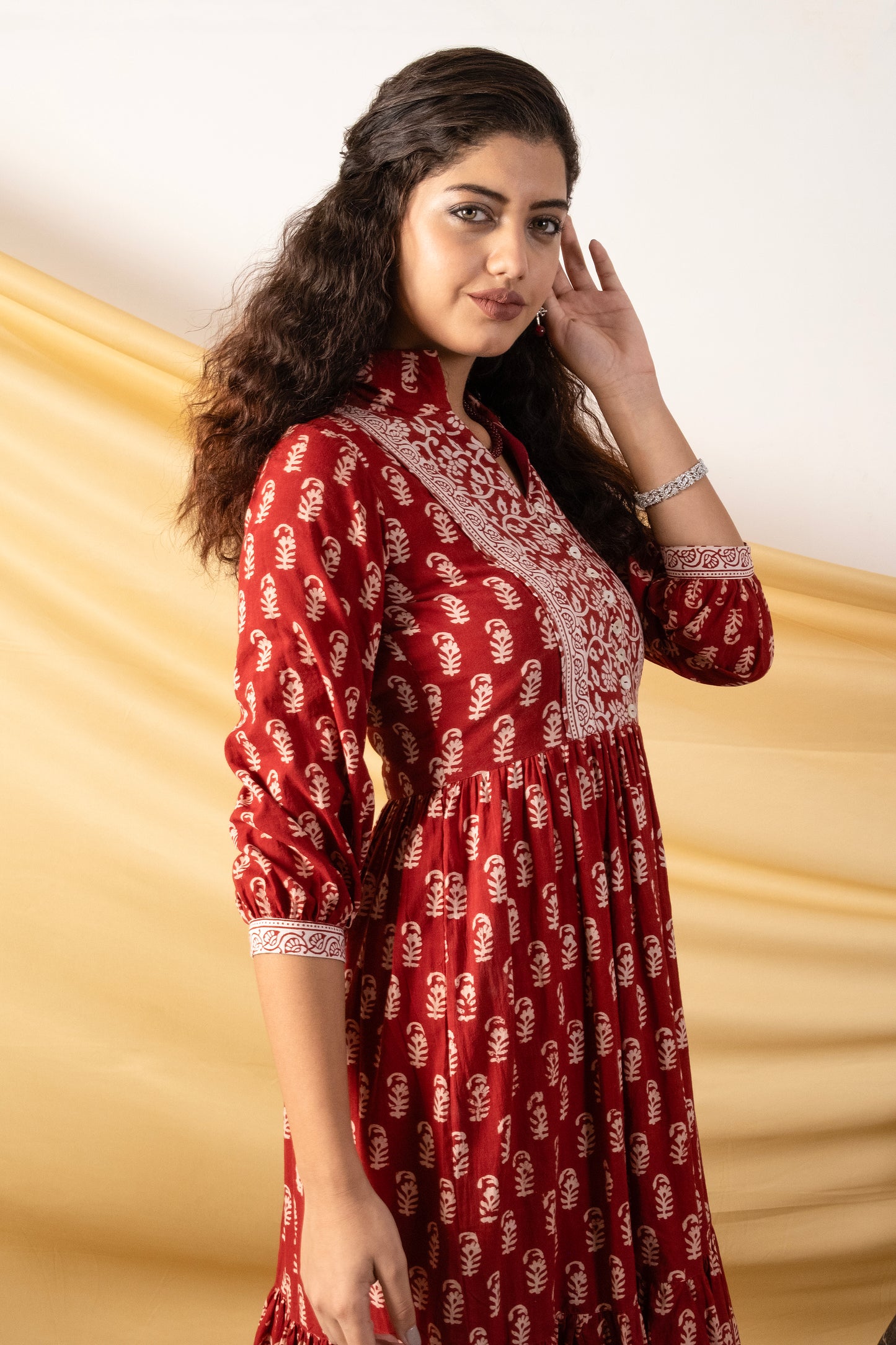 Gulbagh, rust-coloured layer dress made entirely of cotton Bagh print fabric
