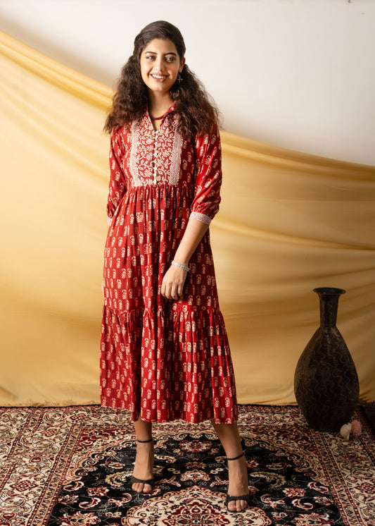 Gulbagh, rust-coloured layer dress made entirely of cotton Bagh print fabric