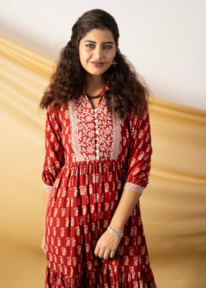 Gulbagh, rust-coloured layer dress made entirely of cotton Bagh print fabric
