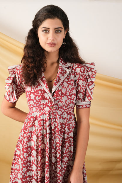 Gulmohar, Indowester midi dress with comfort fit and an all-over floral handblock design.