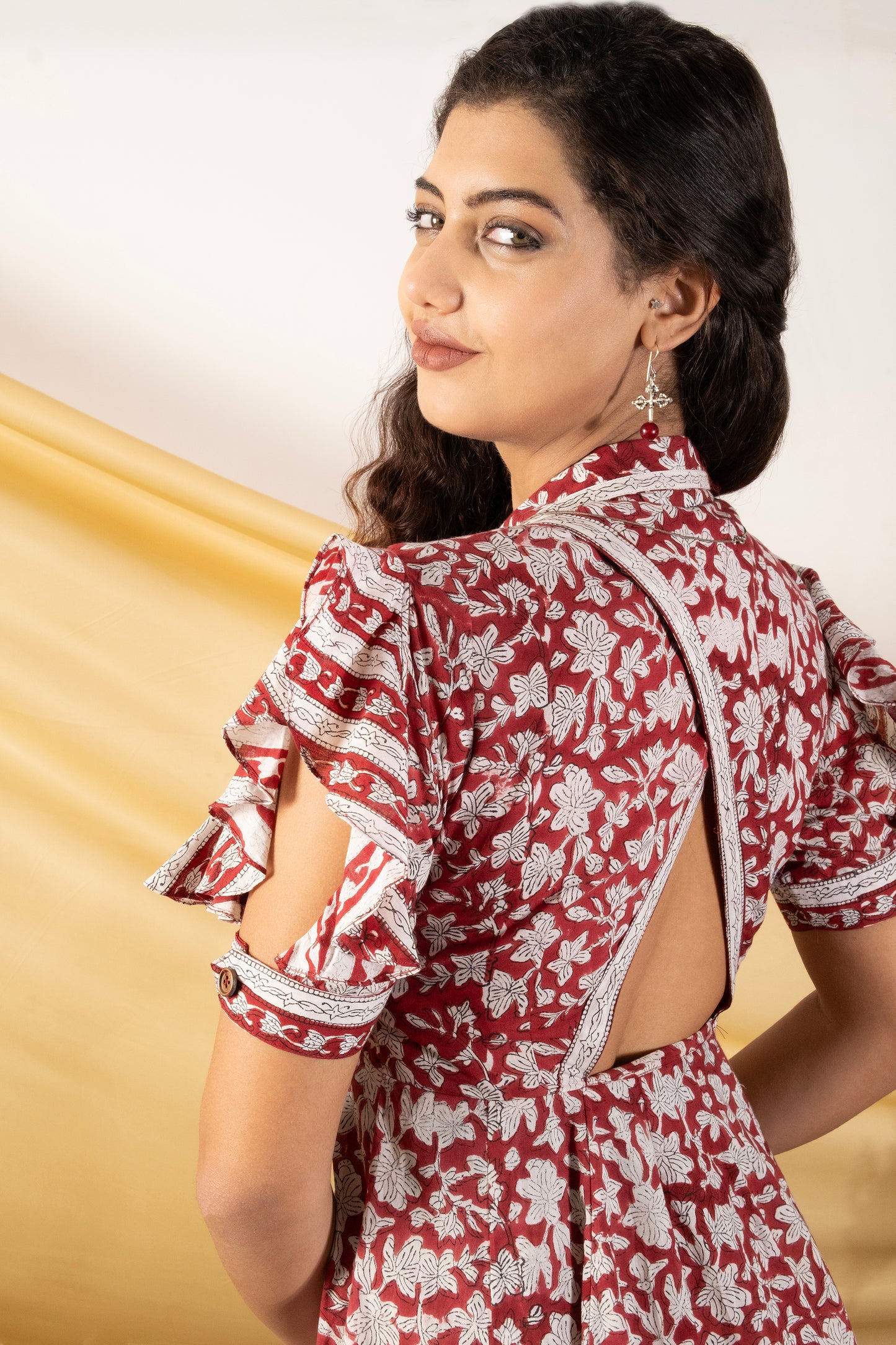 Gulmohar, Indowester midi dress with comfort fit and an all-over floral handblock design.