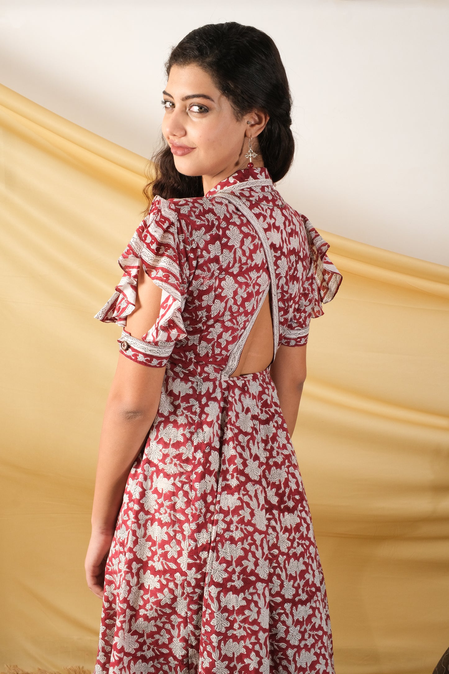Gulmohar, Indowester midi dress with comfort fit and an all-over floral handblock design.