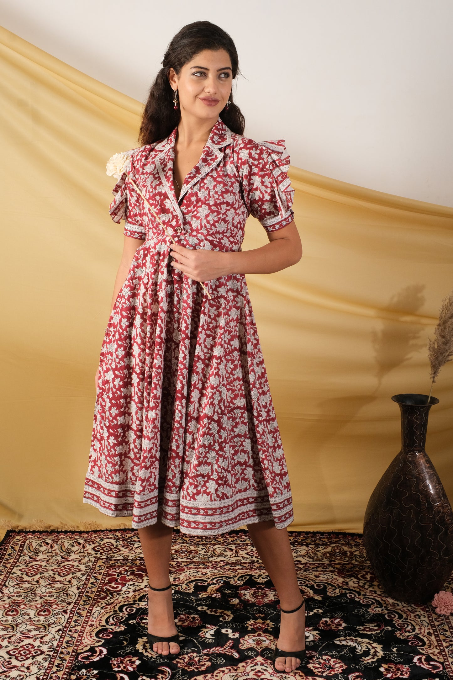 Gulmohar, Indowester midi dress with comfort fit and an all-over floral handblock design.