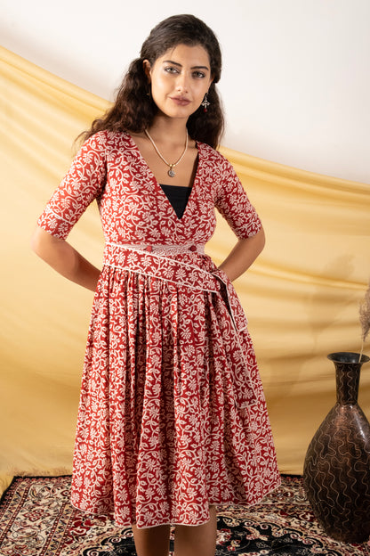 Gulbadan, Bagh Print Angrakha-Inspired Knee-Length Dress with Waist Belt