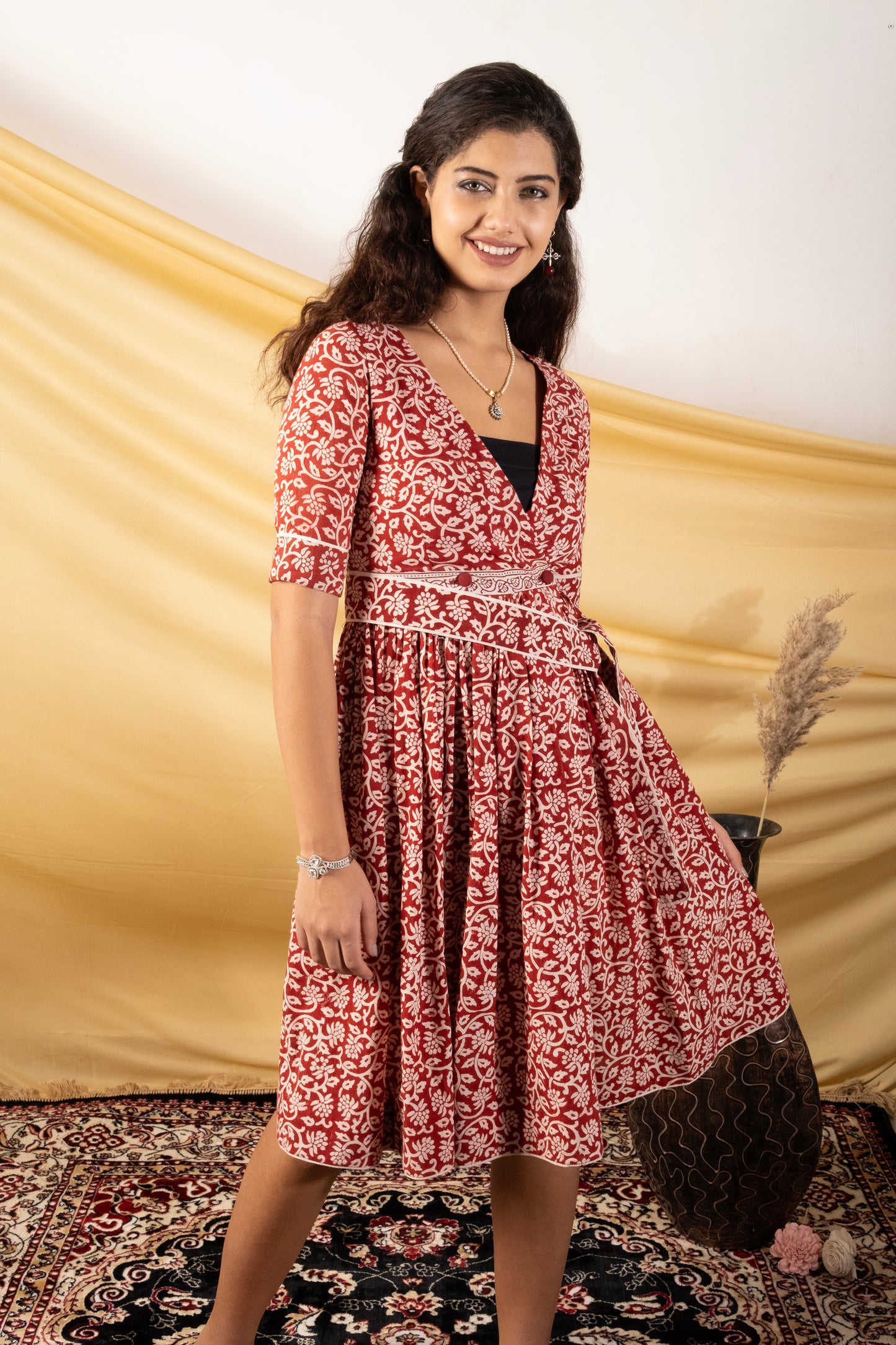 Gulbadan, Bagh Print Angrakha-Inspired Knee-Length Dress with Waist Belt