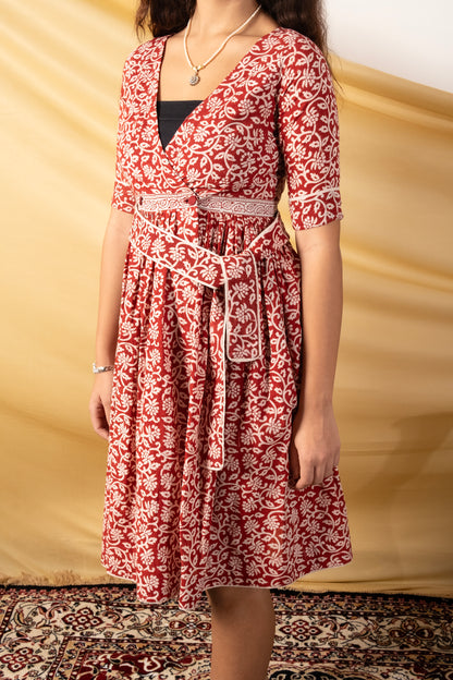 Gulbadan, Bagh Print Angrakha-Inspired Knee-Length Dress with Waist Belt