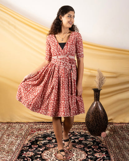 Gulbadan, Bagh Print Angrakha-Inspired Knee-Length Dress with Waist Belt