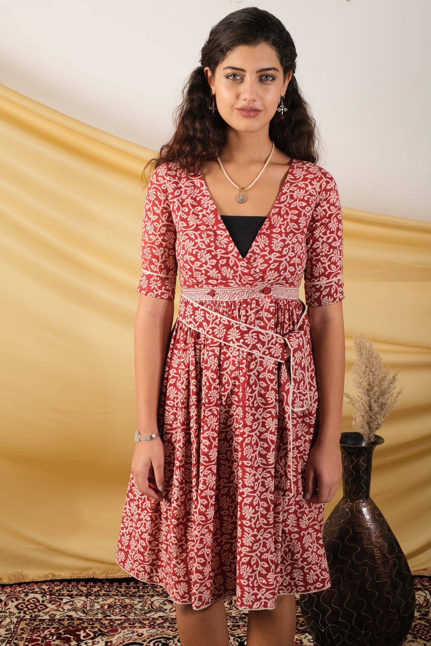 Gulbadan, Bagh Print Angrakha-Inspired Knee-Length Dress with Waist Belt