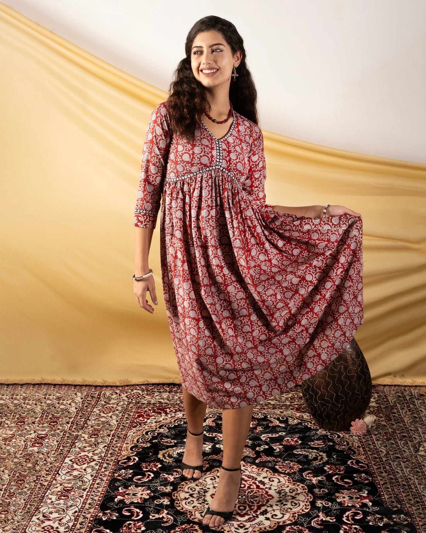 Gulkaar, floral print Bagh dress with both side pockets.