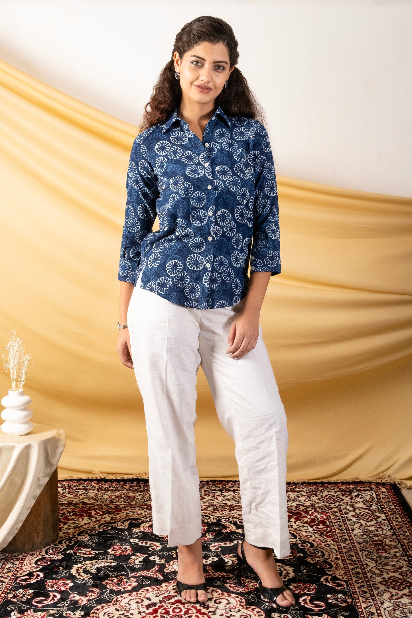 Indigo Bloom Dabu Cotton Shirt