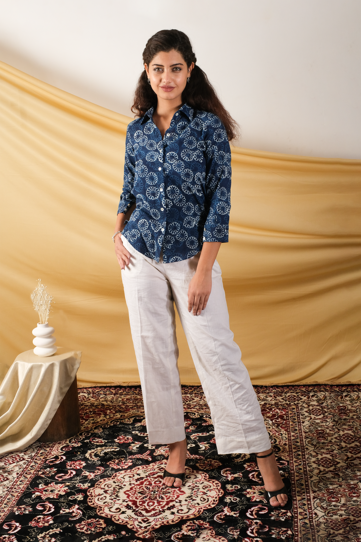 Indigo Bloom Dabu Cotton Shirt