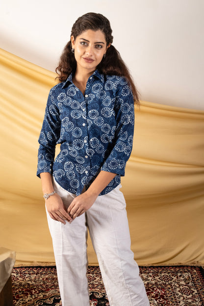 Indigo Bloom Dabu Cotton Shirt