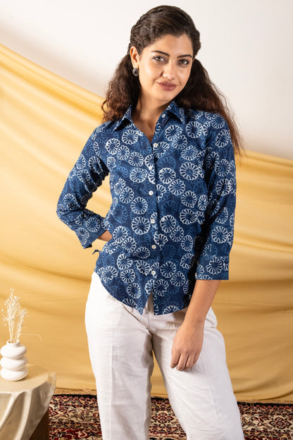 Indigo Bloom Dabu Cotton Shirt