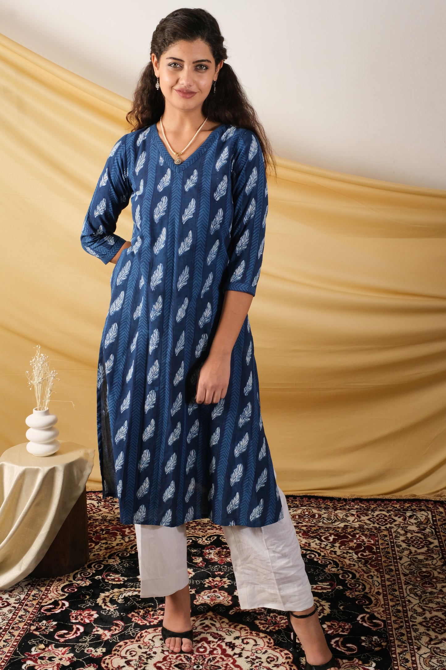 Indigo Dabu Handblocked A-Line Kurta, both side pocket