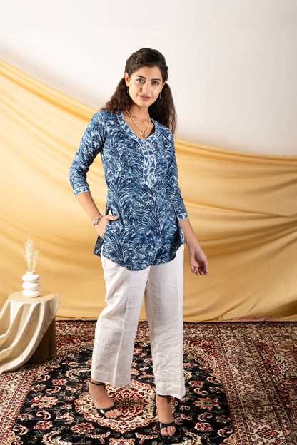 Indigo V neck hand printed short kurta