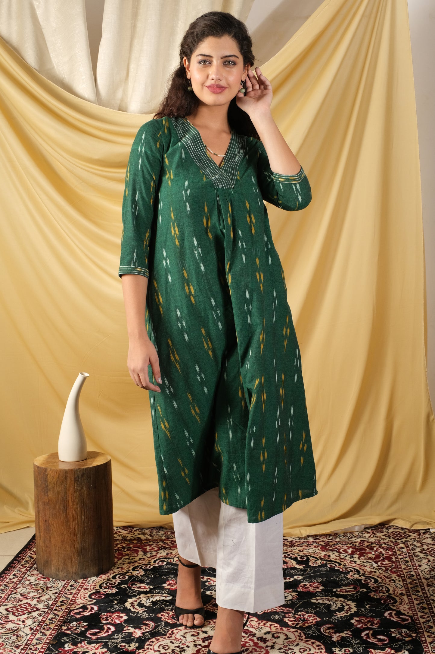 Neelima Green handwoven ikat A line kurti with pockets on both sides