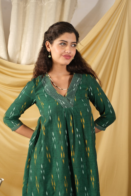 Neelima Green handwoven ikat A line kurti with pockets on both sides