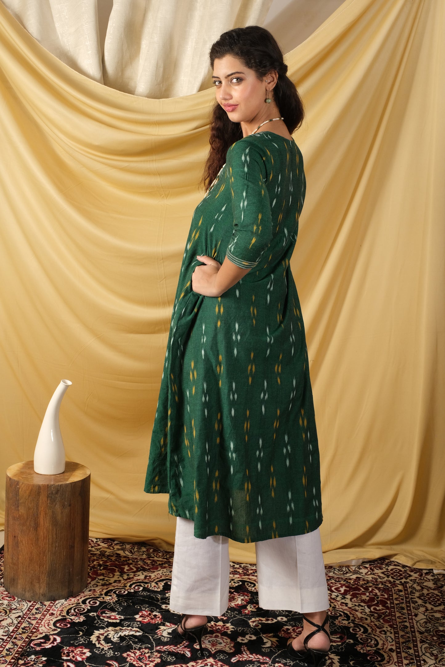 Neelima Green handwoven ikat A line kurti with pockets on both sides