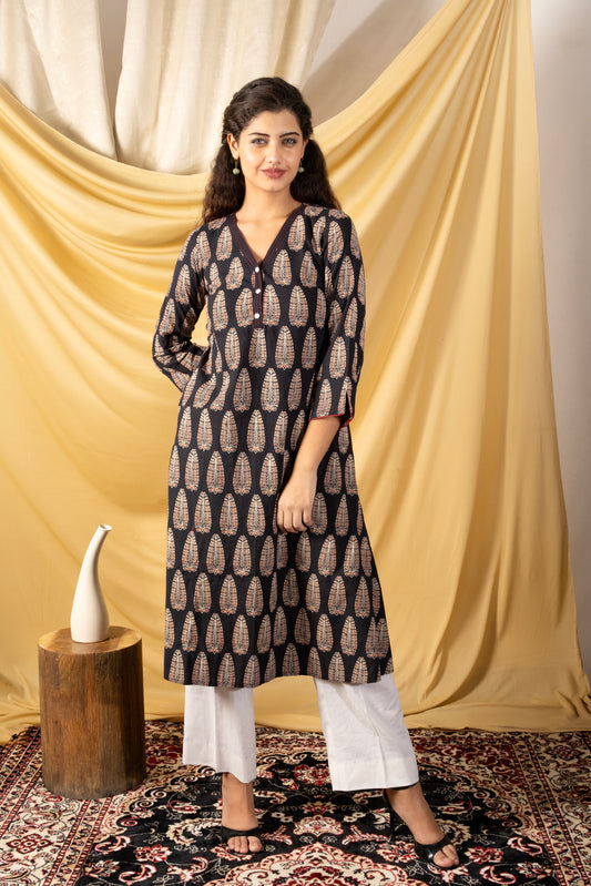 Black bahgh print  A line kurti with pockets on both sides
