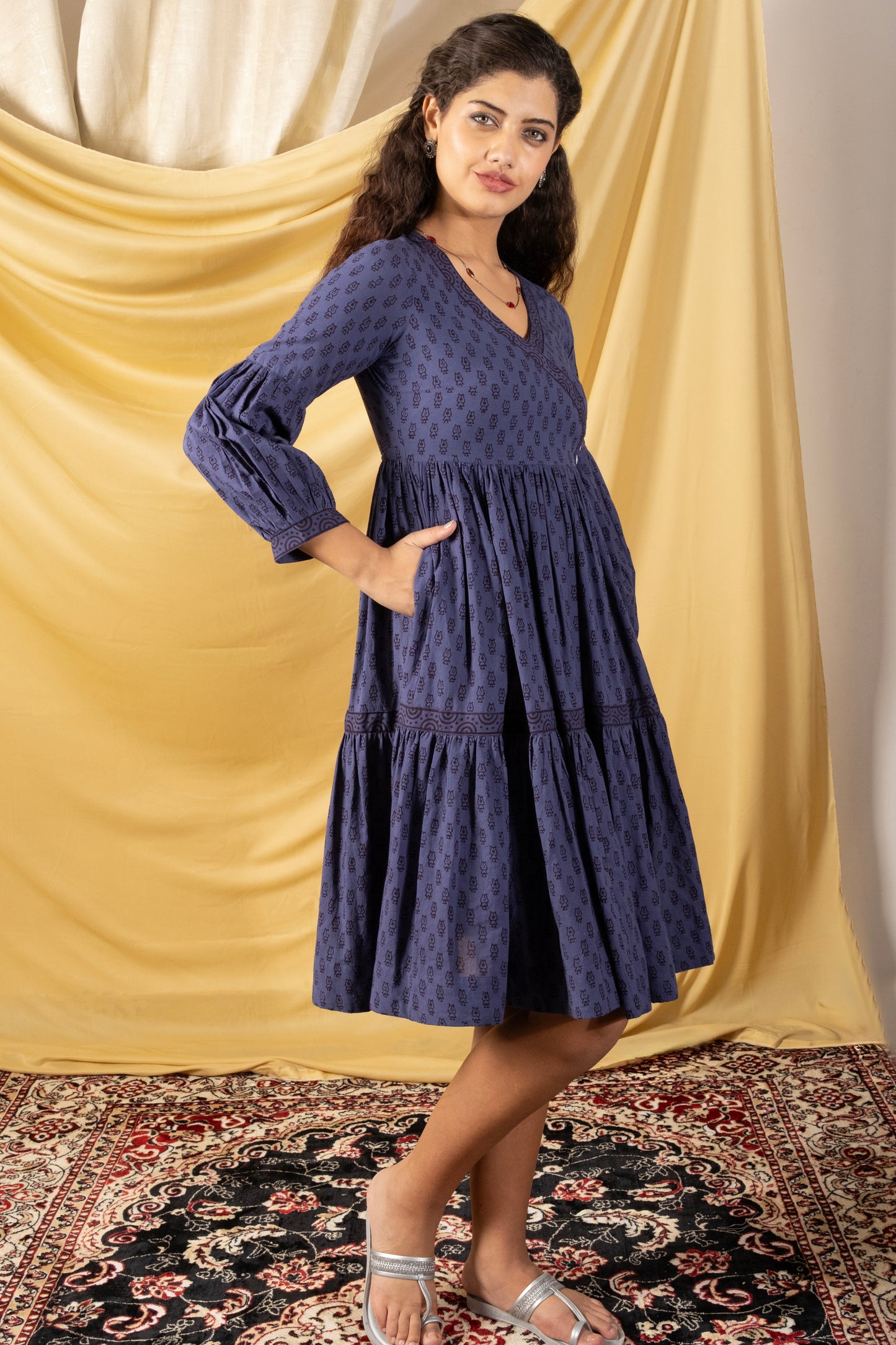 Hoor, Mid-length, bagh-print, indigo dress with two side pockets