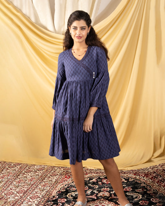 Hoor, Mid-length, bagh-print, indigo dress with two side pockets