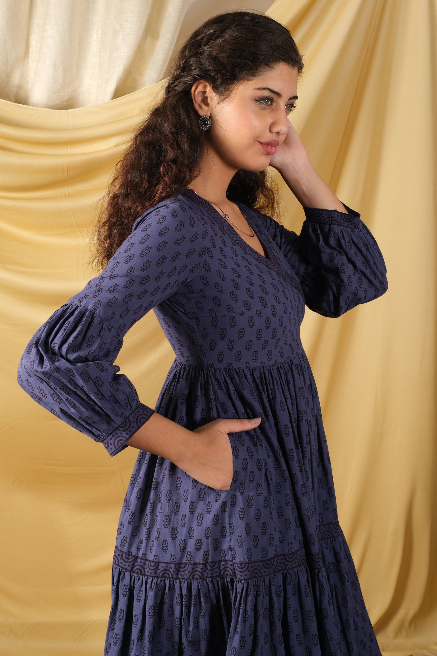 Hoor, Mid-length, bagh-print, indigo dress with two side pockets