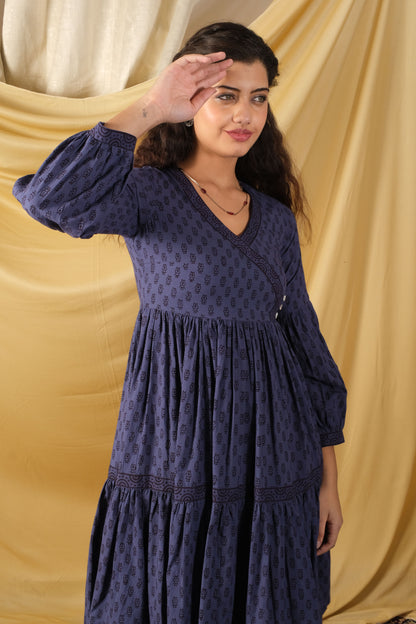 Hoor, Mid-length, bagh-print, indigo dress with two side pockets