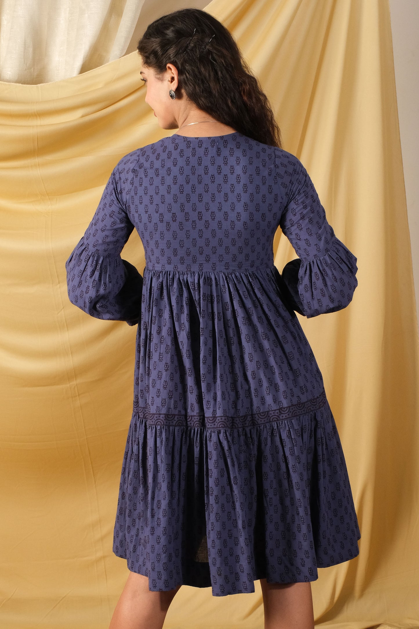 Hoor, Mid-length, bagh-print, indigo dress with two side pockets