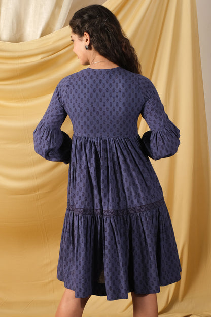 Hoor, Mid-length, bagh-print, indigo dress with two side pockets