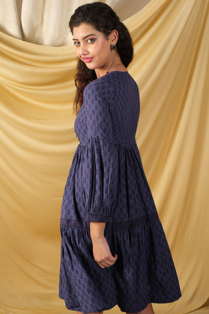 Hoor, Mid-length, bagh-print, indigo dress with two side pockets