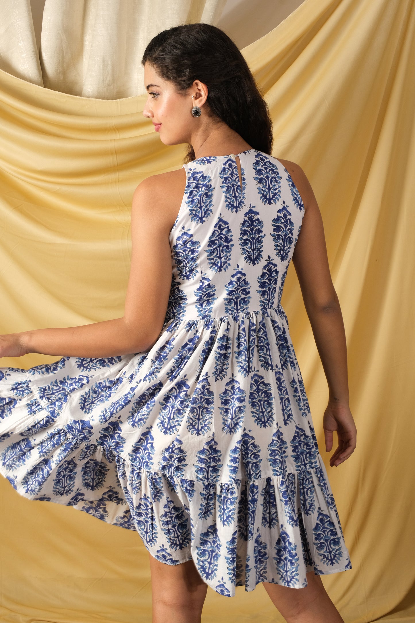 Handblocked Sanganeri layered cotton dress