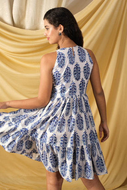 Handblocked Sanganeri layered cotton dress