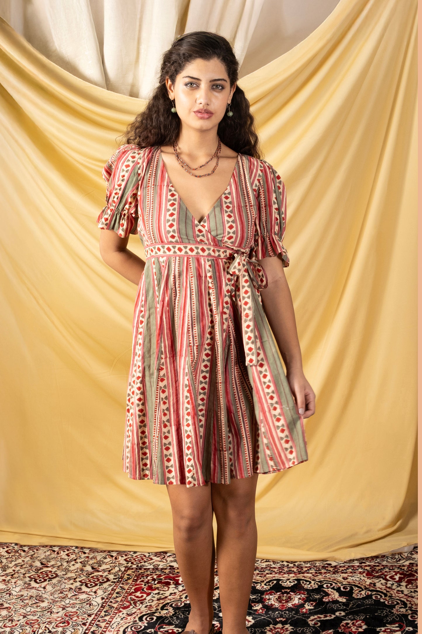 Angarkha style cotton knee length dress with puff sleeve