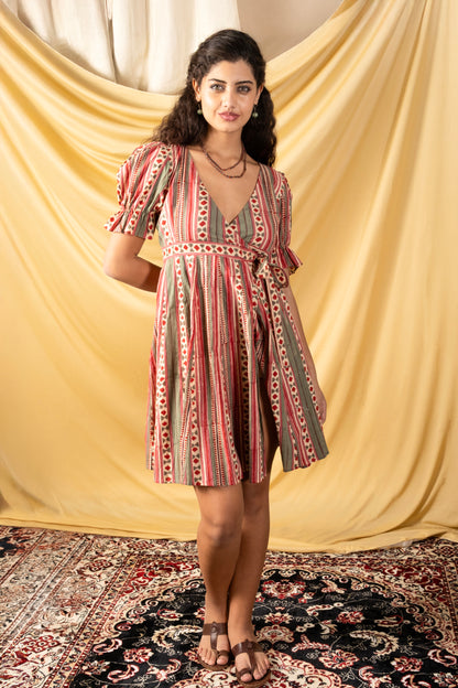 Angarkha style cotton knee length dress with puff sleeve