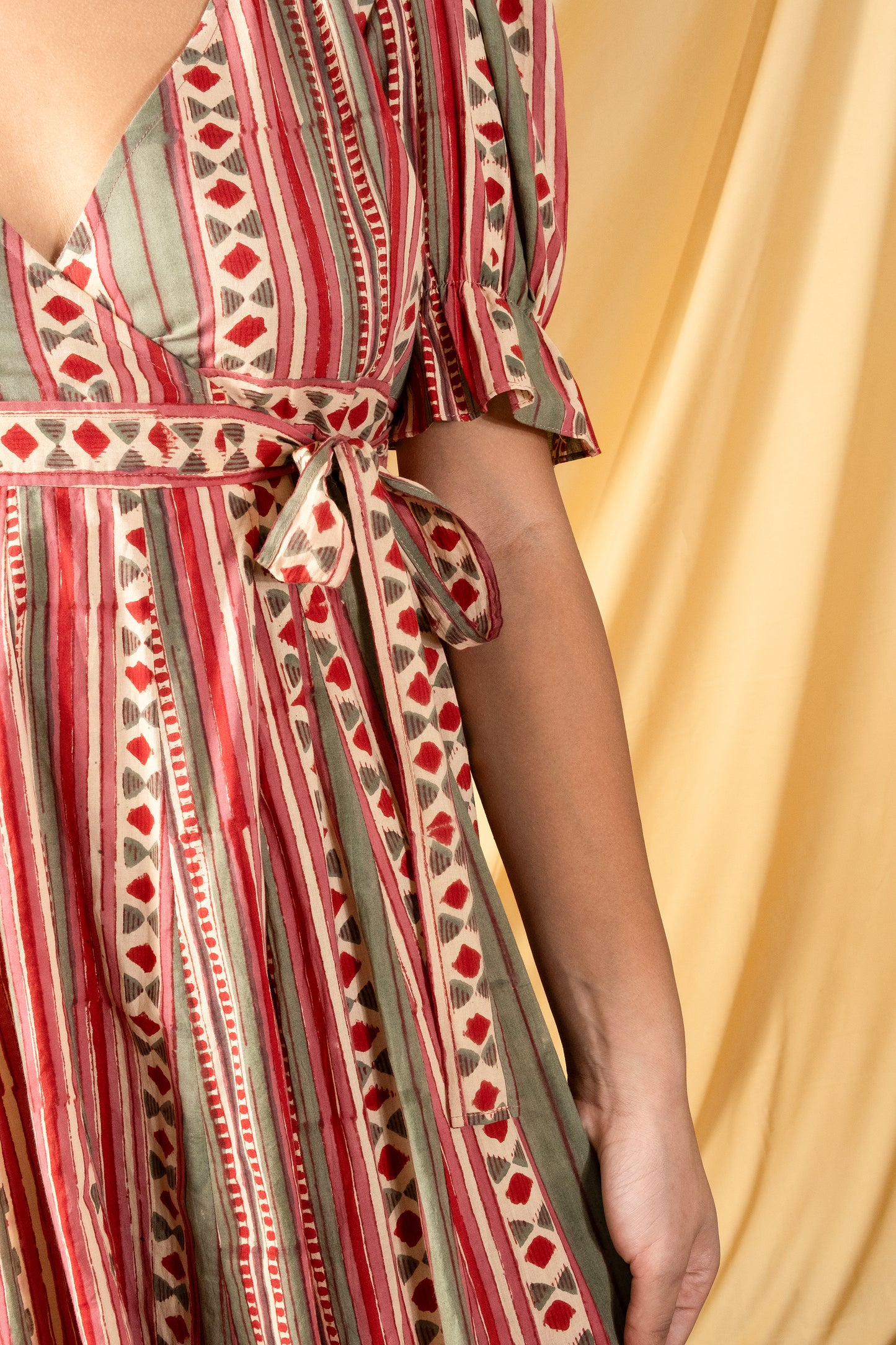 Angarkha style cotton knee length dress with puff sleeve