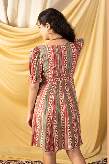 Angarkha style cotton knee length dress with puff sleeve