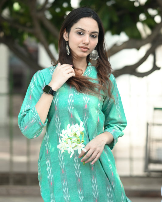 Handloom Ikat Green Cotton Kurta – Sustainable Ethnic Wear