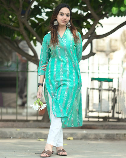 Handloom Ikat Green Cotton Kurta – Sustainable Ethnic Wear