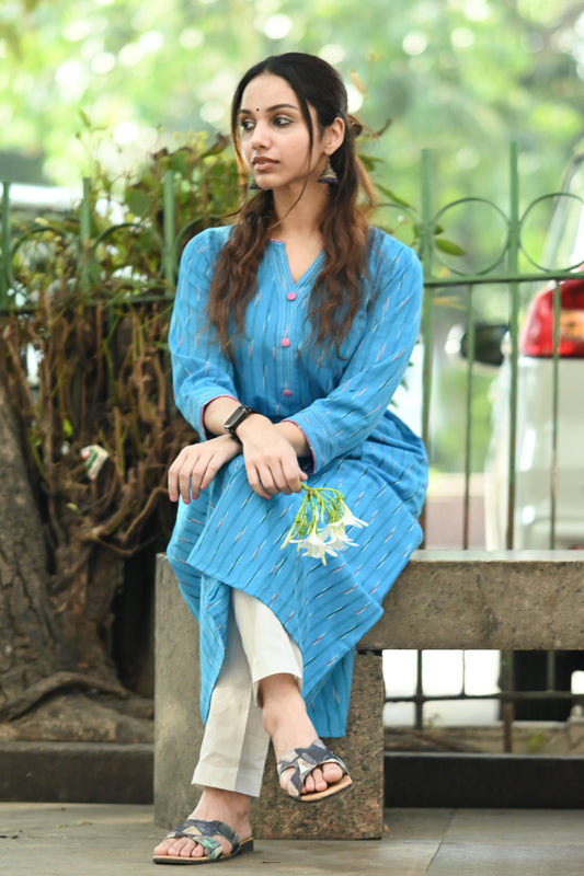 Blue Ikat Handwoven A-Line Cotton Kurta with Thread Work