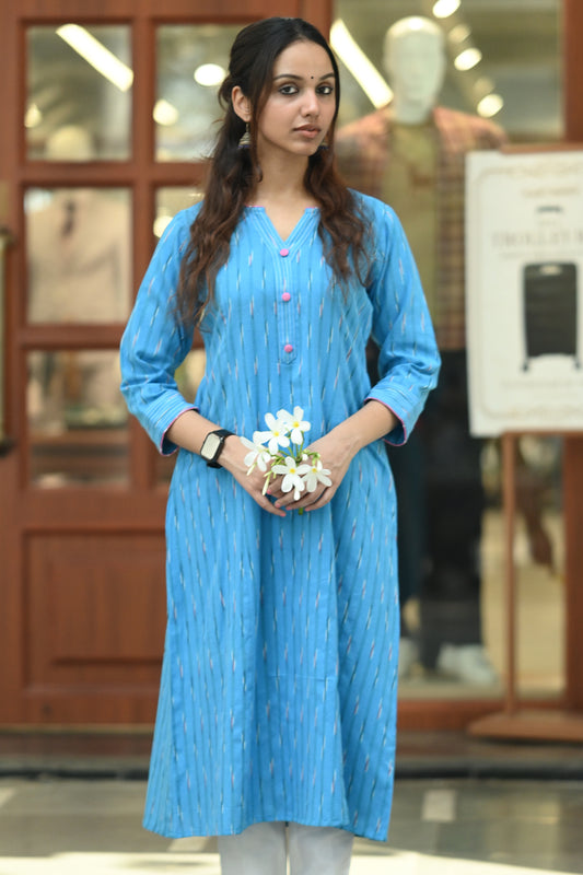 Blue Ikat Handwoven A-Line Cotton Kurta with Thread Work