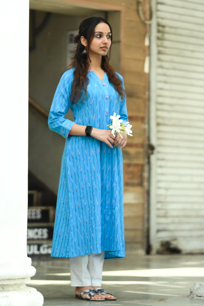 Blue Ikat Handwoven A-Line Cotton Kurta with Thread Work