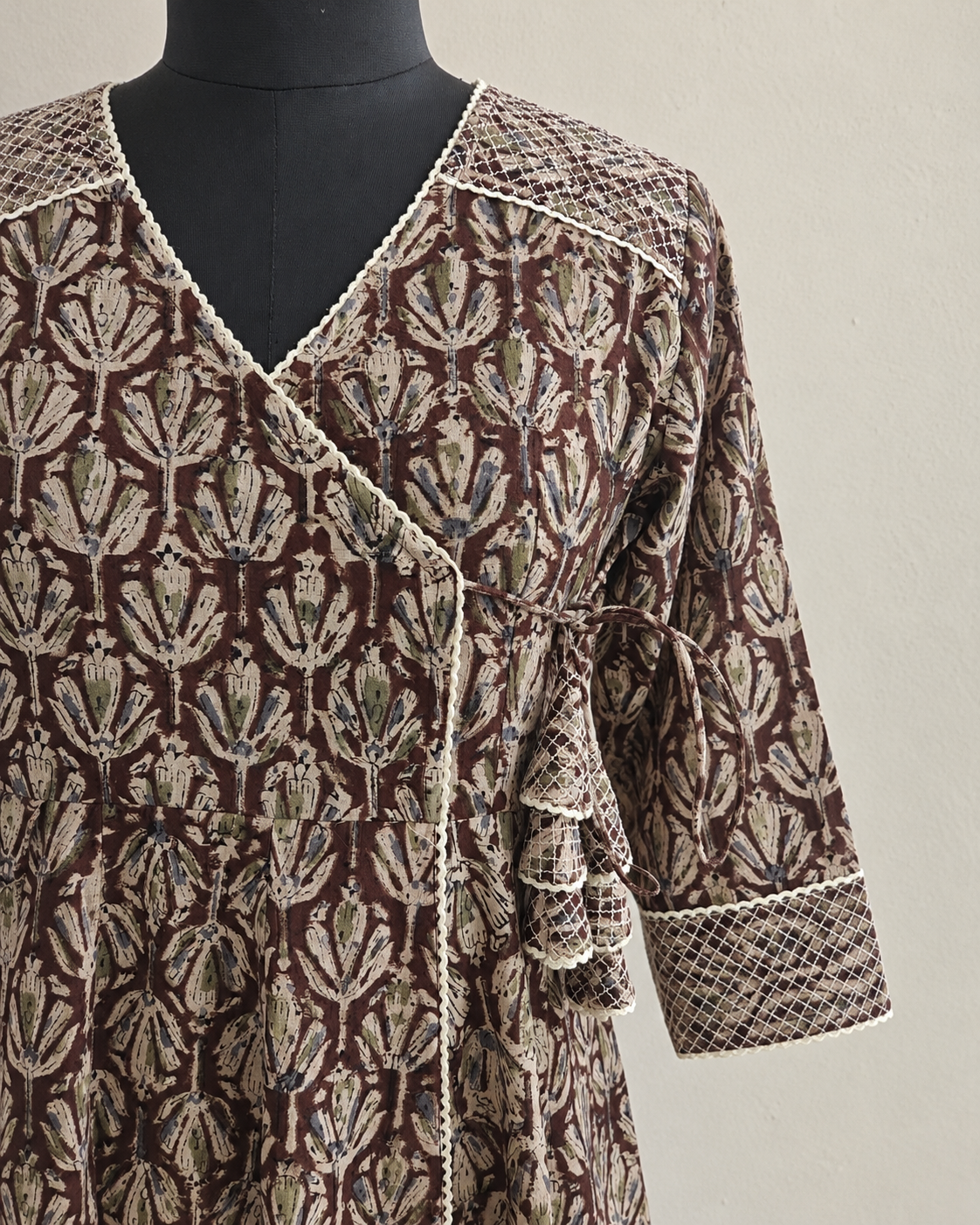 Brown Kalamkari Angrakha Cotton Dress with Crochet Lace & Thread Detailing