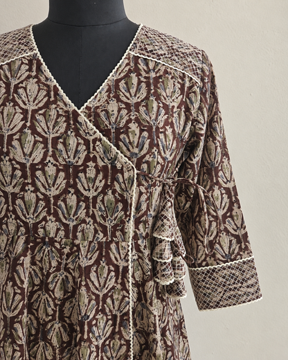 Brown Kalamkari Angrakha Cotton Dress with Crochet Lace & Thread Detailing