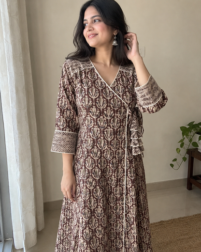 Brown Kalamkari Angrakha Cotton Dress with Crochet Lace & Thread Detailing