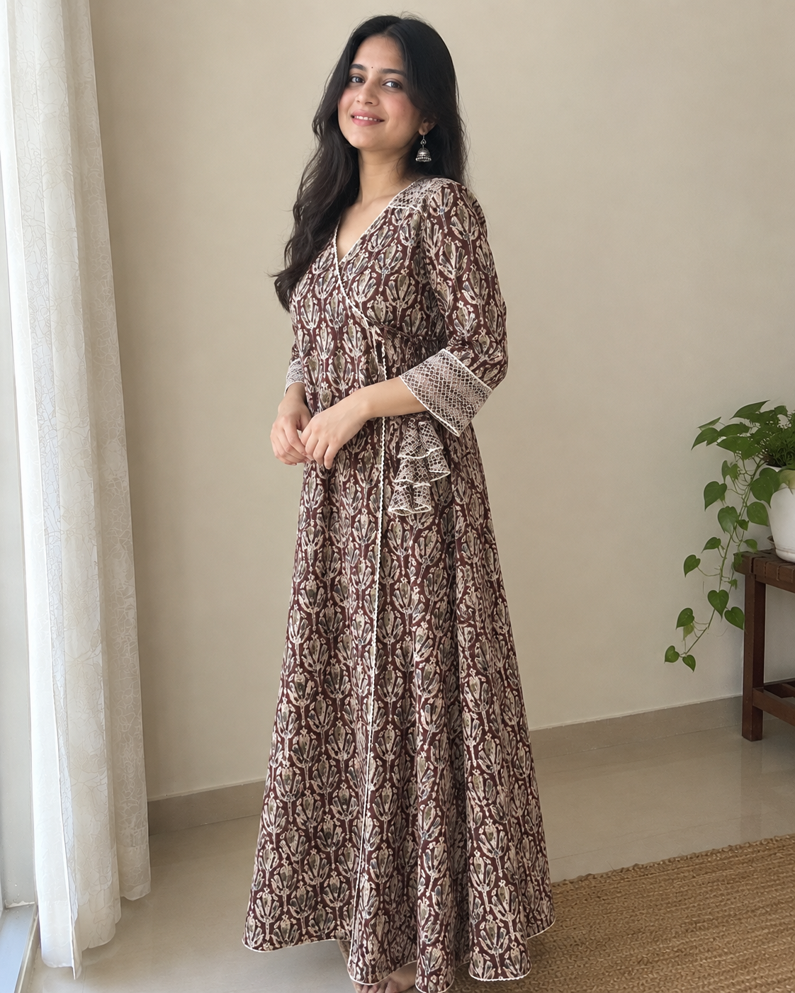 Brown Kalamkari Angrakha Cotton Dress with Crochet Lace & Thread Detailing