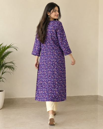 Purple Handprinted Cotton A-Line Kurta with Floral Motifs & Button Placket