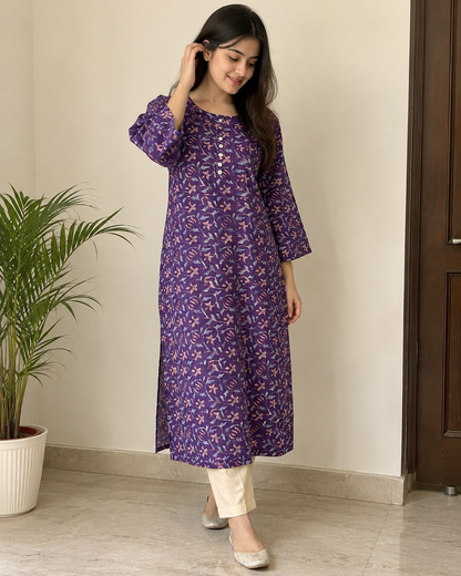 Purple Handprinted Cotton A-Line Kurta with Floral Motifs & Button Placket