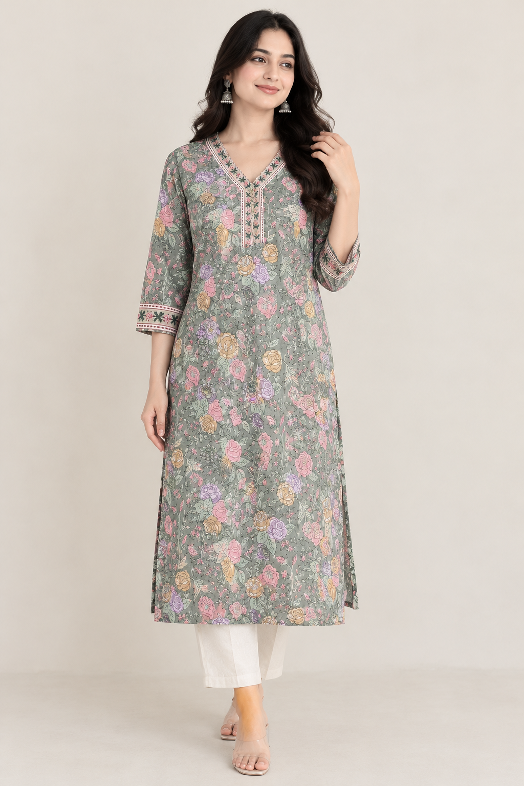 Sage Green Handprinted Floral Cotton Straight Fit Kurta with Side Pockets